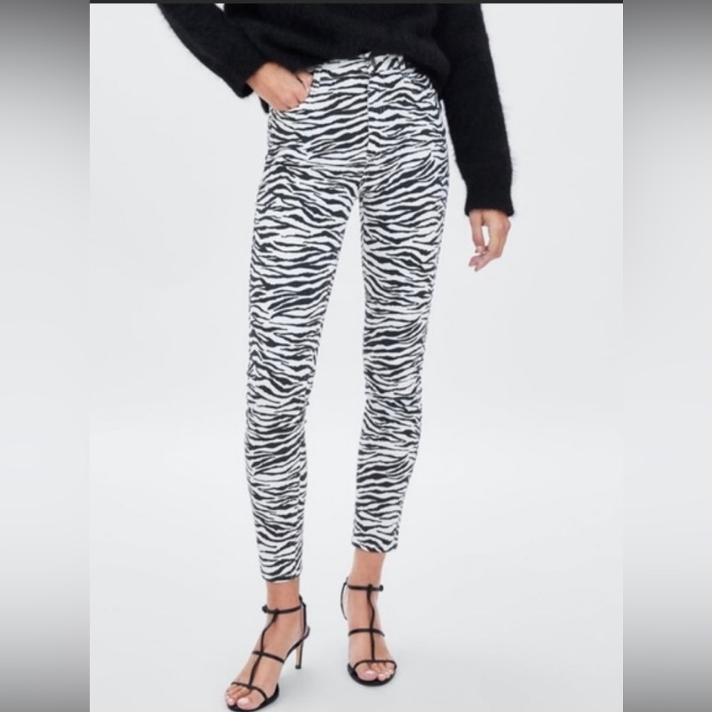 Zara trafaluc denim collection zebra 🔥 pants sz 6 nwt - Picture 2 of 7